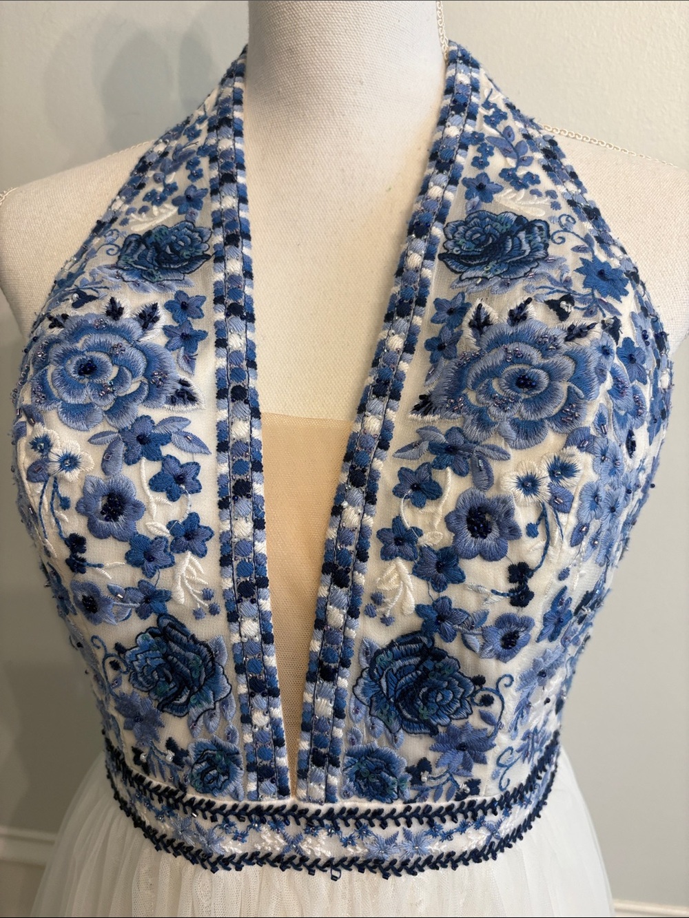 Blue and White Embroidered Halter Evening Dress - Picture 2 of 9